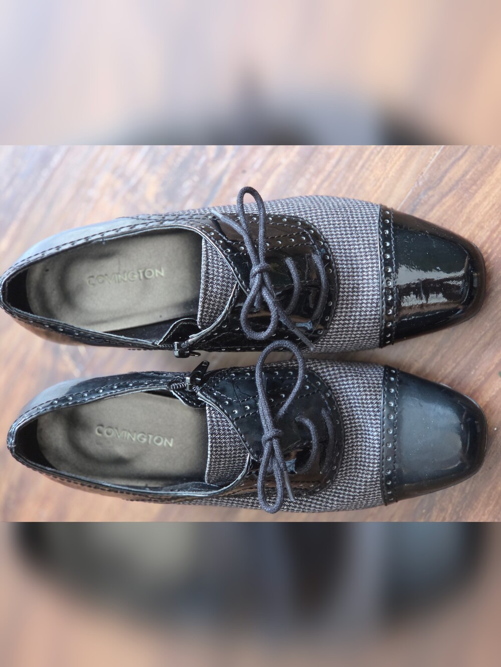 Covington Black and Gray Lace-Up Patent Trim Oxford Booties
